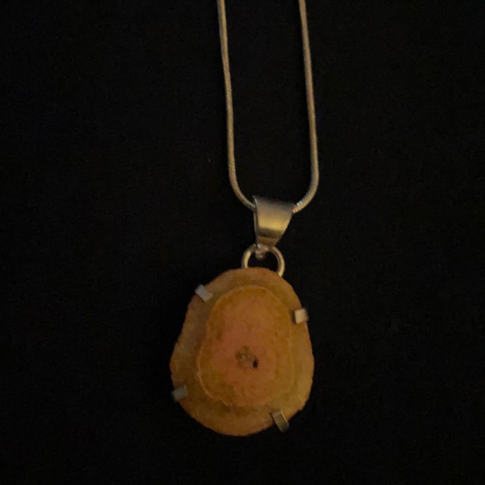Solar Quartz pale orange with green circle 1/2 inch in size 18 silver chain
